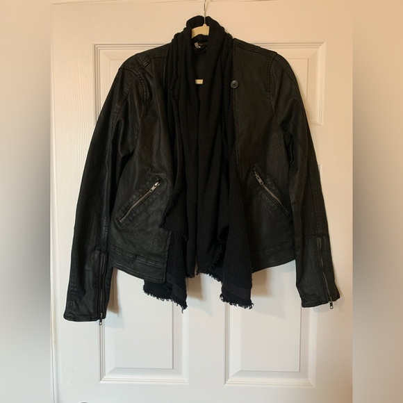 Free People Shawl Drape Front Denim Moto Jacket Black 12 Boho Grunge StreetStyle - Picture 9 of 16